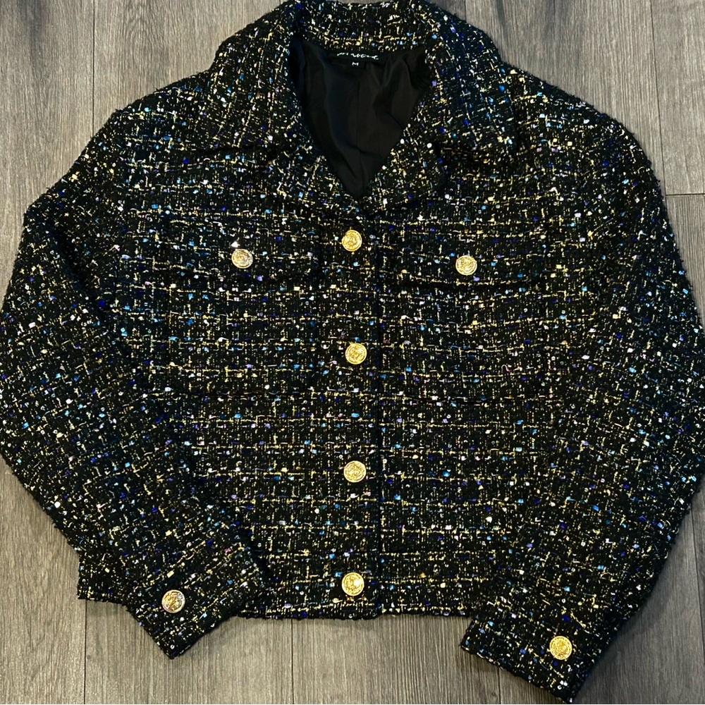 Elegant Black Tweed Jacket with Gold Accents